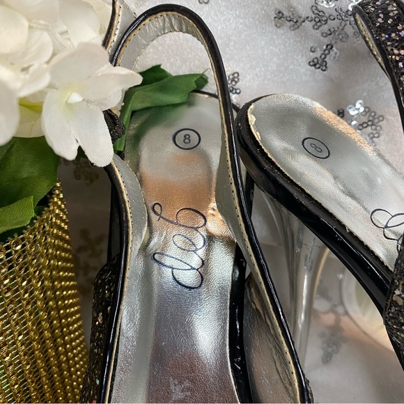 Deb Glitter Black & Silver Peep Toe Platform Heels Ankle Strap Sandals Sz 8 - Picture 4 of 14